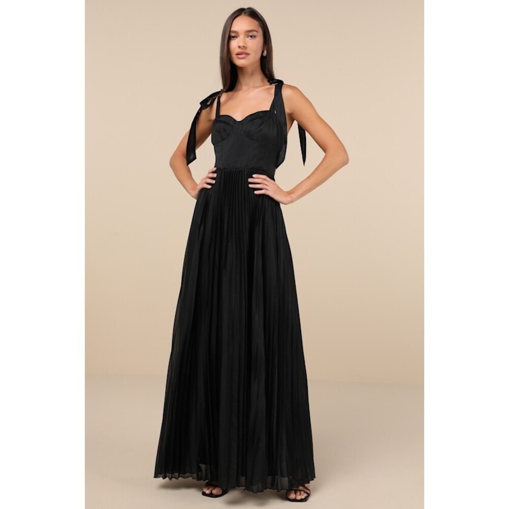 Lulus Attentive Elegance Black Tie-strap Bustier Pleated Maxi Dress - Size S
